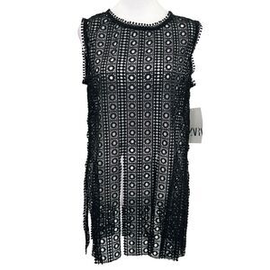 Zara Womens Large Black Crochet Boho See Though Cutout Sleeveless Top